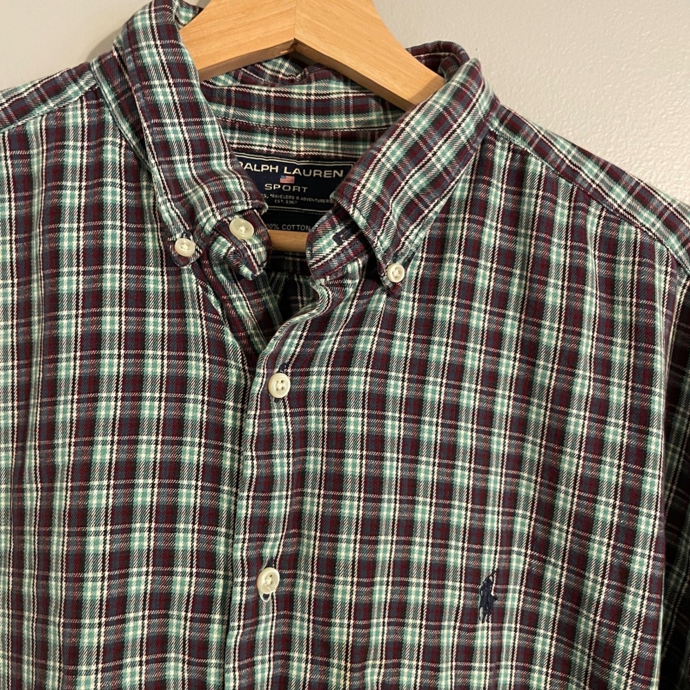 Ralph Lauren Sport Button Down Shirt Mens L Teal Burgundy Plaid Preppy